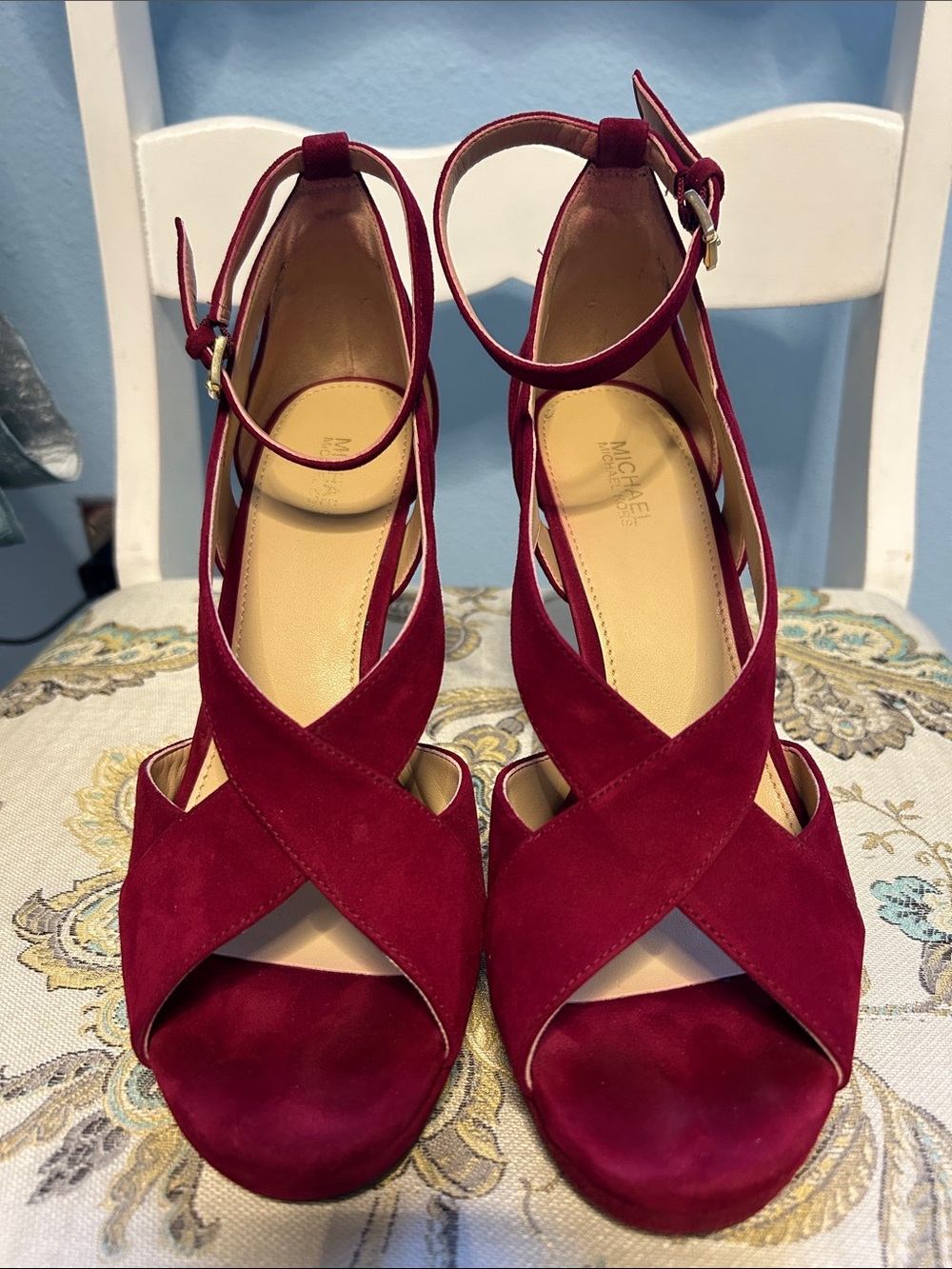 Michael Kors Burgundy Suede Crisscross Ankle Strap Heels